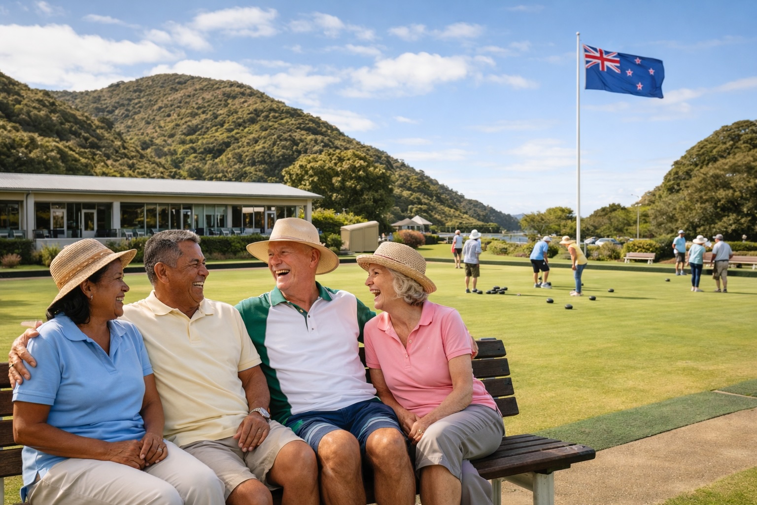 Members of a New Zealand bowls club laughing together on a bench beside the green, clubhouse and flag behind them